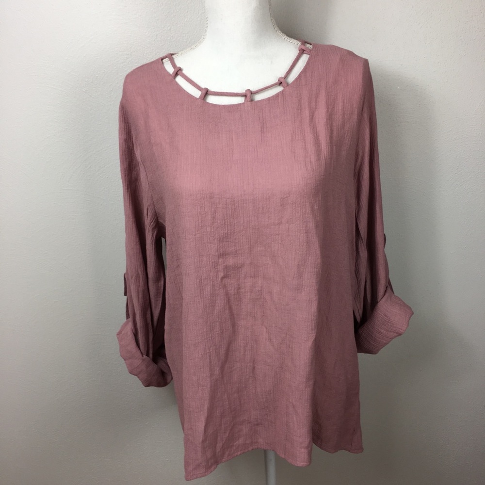Umgee High Low  Blouse Roll Tab Sleeve Large